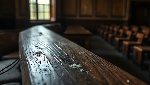 Abandoned courtroom defendant rail with scratch marks, dust motes in light.