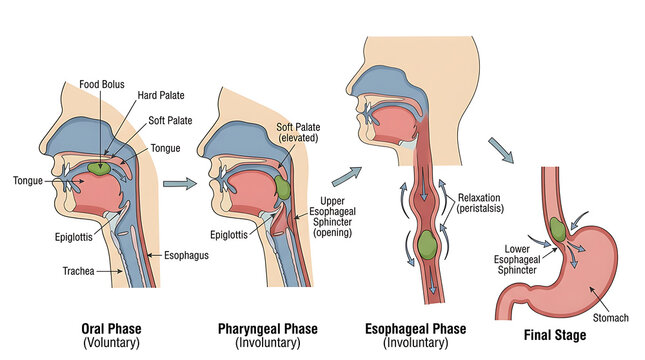 Diagram illustrating the stages of swallowing from the oral phase to the final stage in the stomach, showing the path of a food bolus.