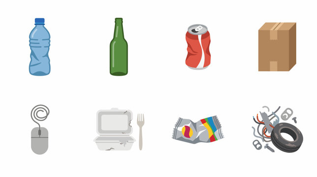 A collection of various discarded items and recyclable materials including plastic, glass, metal, cardboard, electronics, and food packaging.