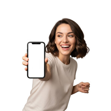 Happy woman showing a blank mobile phone screen isolated on transparent background