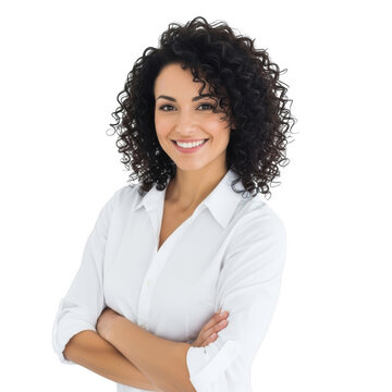 Smiling young woman with curly hair and arms crossed isolated on transparent background