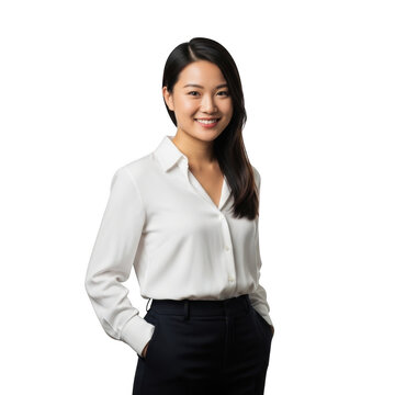 Smiling asian businesswoman in a white shirt and black pants isolated on transparent background