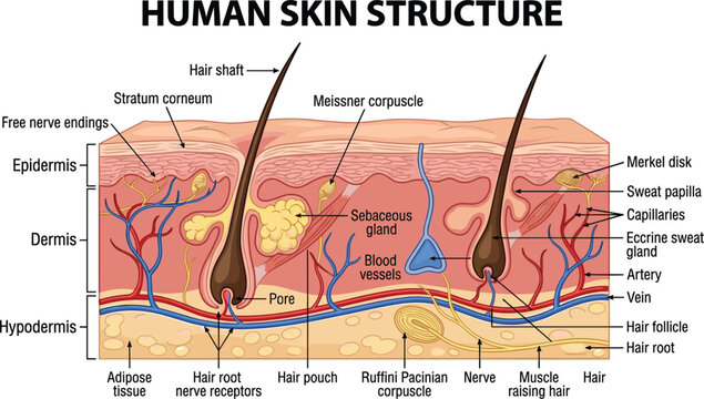 Detailed human skin structure cross section diagram showing layers like epidermis dermis and hypodermis with anatomical labels