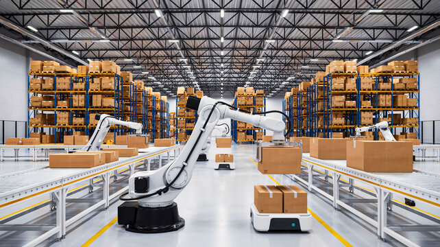 Automated warehouse features robotic arms and autonomous vehicles efficiently handling goods, optimizing modern logistics and industrial supply chains