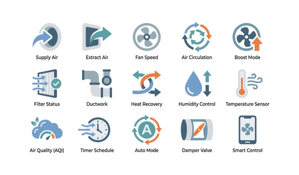 Supply and ventilation control icons arranged on white background