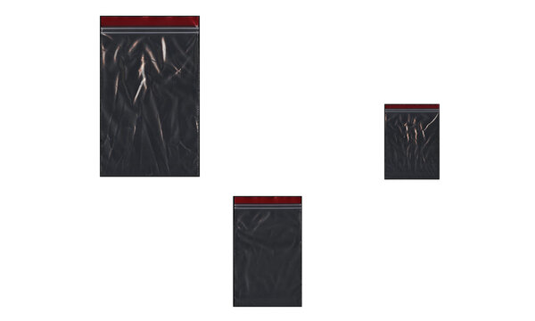 Black plastic ziplock bags set, wrinkled polyethylene texture on white background, dark glossy cellophane storage pouches for product packaging