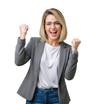 Happy young woman celebrating success with arms raised isolated on transparent background