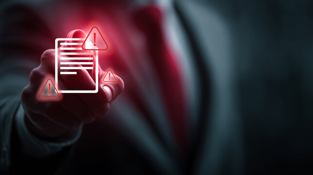 Business professionals tap the red document alert symbol for a data breach alert concept.