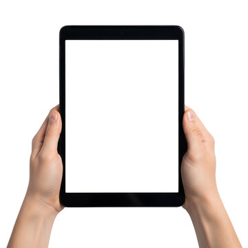 Person holding a black digital tablet with empty screen isolated on transparent background