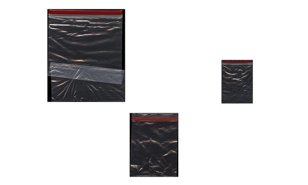 Transparent plastic zip lock bags with red seal, set of three clear polyethylene storage pouches, empty crinkled poly bags for packaging