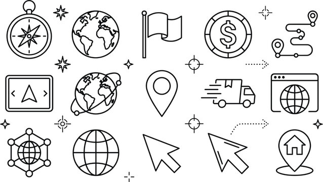 Global navigation logistics and business e-commerce vector icon set with globe compass map pin delivery truck browser cursor line art