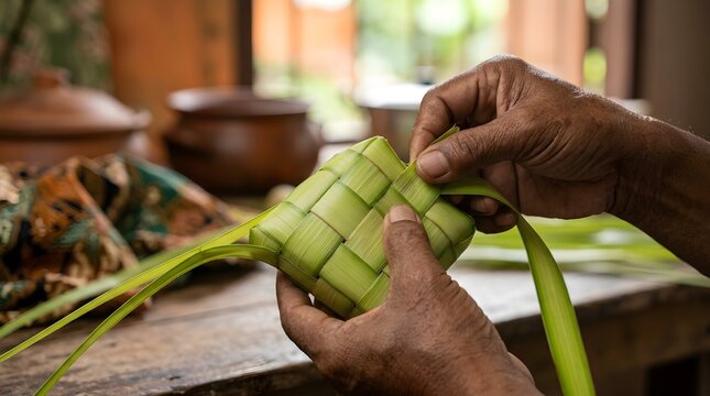 Close up of elderly hands meticulously weaving a traditional ketupat pouch from fresh green palm leaves. Authentic cultural craft for Eid al-Fitr and Hari Raya celebrations in Asia.