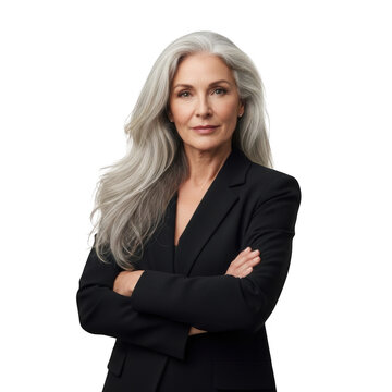 Confident senior businesswoman with grey hair in black suit isolated on transparent background