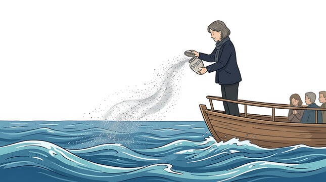 A solemn woman scatters ashes from a boat into the ocean, a poignant ceremony of remembrance and farewell for loved ones.