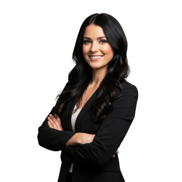 Smiling businesswoman with arms crossed in black suit isolated on transparent background