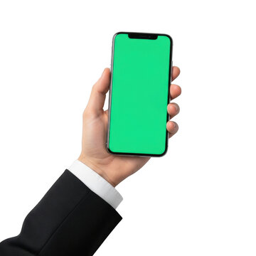 Business person holding smartphone with green screen isolated on transparent background