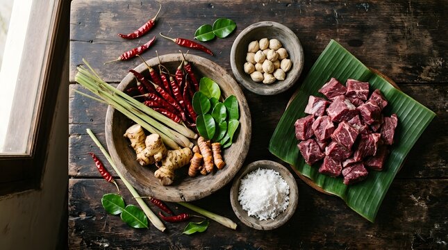 Comprehensive culinary layout of fresh beef chunks on banana leaves with traditional herbs, red chilies, lemongrass, ginger, and coconut shell on a dark weathered wooden tabletop background.