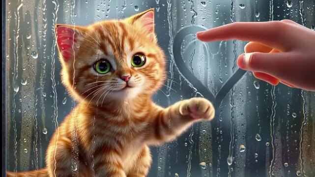 Tender Moment: Tiny Kitten Sitting Beside Human Hand Drawing Heart Shape On Foggy Glass 4K