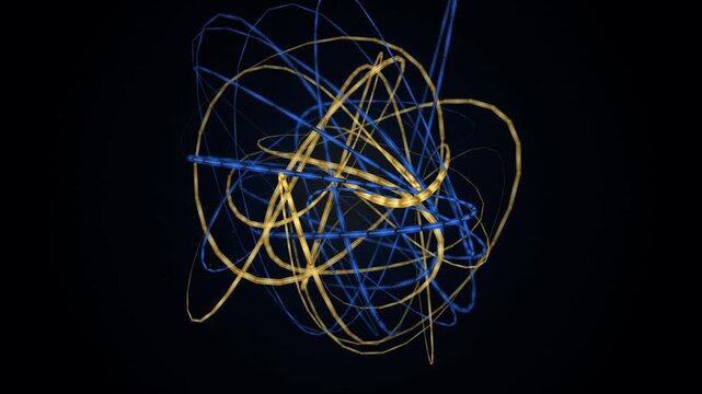 Animated tangled glowing blue and yellow abstract lines intertwine on black background