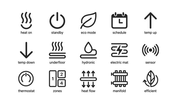 Heating and thermostat icons showing functions on white background