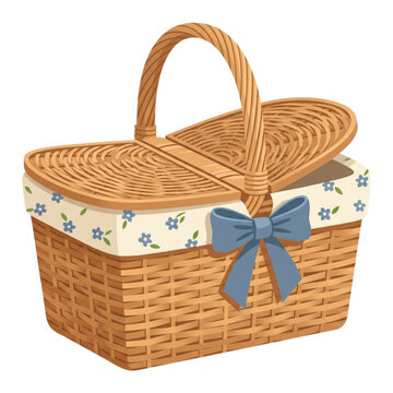 Vector Wicker Picnic Basket with Blue Ribbon