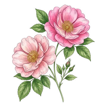 Watercolor Pink Wild Rose Branch Illustration