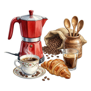 Watercolor Italian Coffee Morning Coffee Maker and Croissant