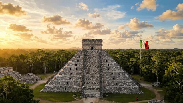 Chichen itza pyramid at sunset with waving mexican flag iconic mayan archaeological site and travel destination in yucatan, mexico