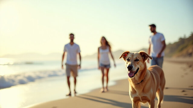 Family with dog on iteration the beach ar beautiful modern house creative design style concept
