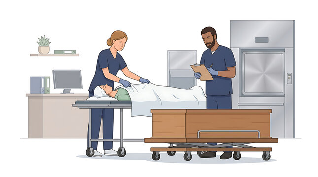 Morticians Preparing a Deceased Body for Funeral Services in a Morgue with a Coffin and Crematorium.