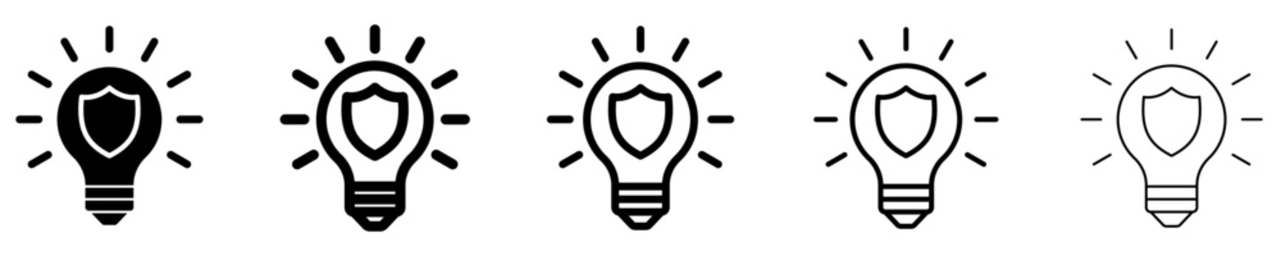 Set of shield light bulb icons, symbols for protection of ideas, innovation security, reliable technology, and creative solutions. Vector illustration
