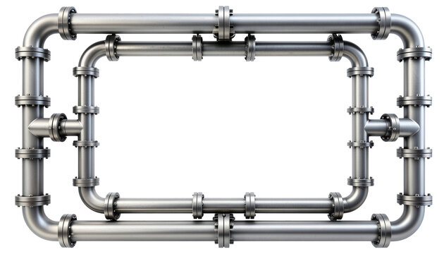 Industrial pipe frame border with steel joints isolated on white background for engineering concept