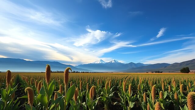A field of maca plants under a vast sky with the Andes mountains in the distance.