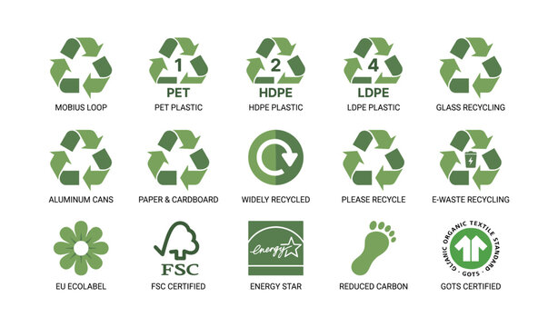 Recycling and eco certification icons arranged on white