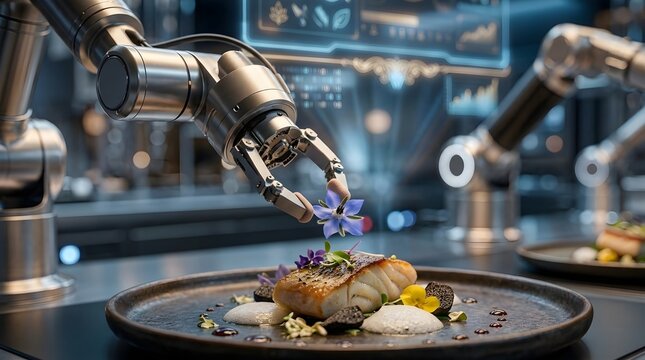 Automated Robotic Arm Precision Plating Exquisite Gourmet Fish Dish in Futuristic Restaurant Kitchen