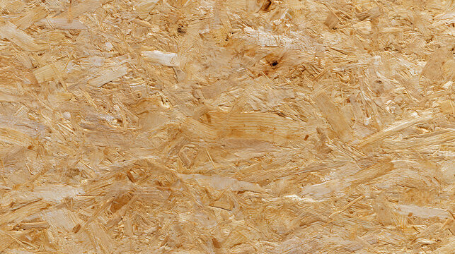 Close-up of Oriented Strand Board (OSB) surface texture; a light brown wood chip pattern for abstract backgrounds and construction concepts