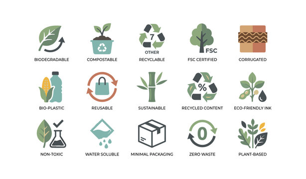 Sustainable packaging icons showing certification and materials