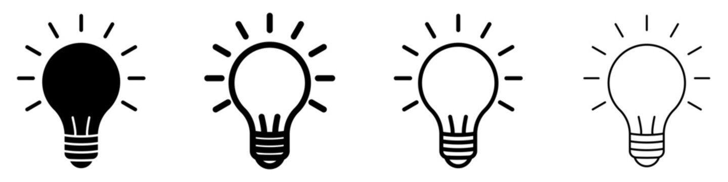 Lightbulb flat icon set with solid and line styles. Vector illustration.