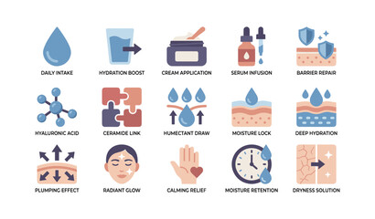 Fototapeta premium Skincare hydration and moisture icons illustrating benefits on white