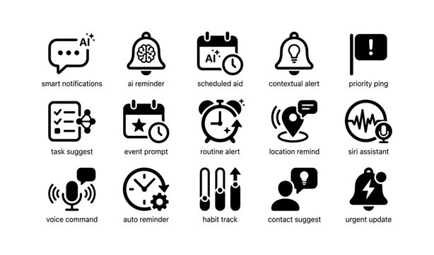 Notification and reminder icons for smart assistant on white
