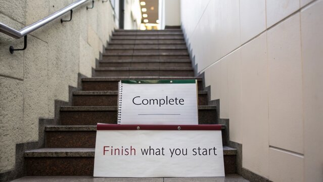 Motivational Signs on Staircase Encouraging Completion and Determination in Personal and Professional Endeavors