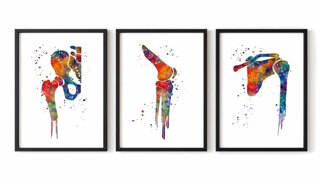 Framed wall art mockup of three watercolor gymnast and dance figures in dynamic poses displayed as a triptych set in black frames on white.