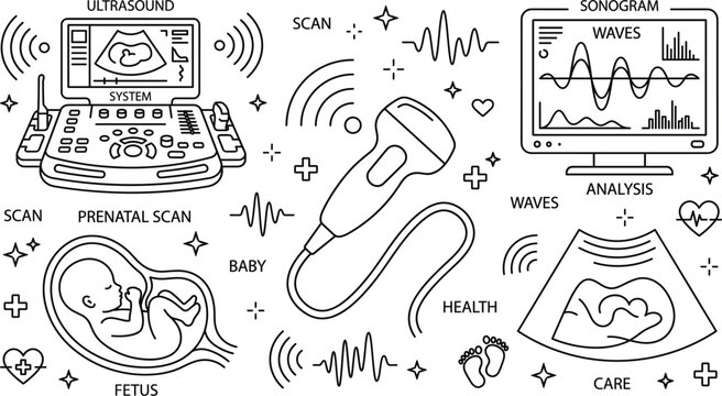 Medical ultrasound prenatal scan and pregnancy care vector icon set with fetus sonogram machine probe waves line art