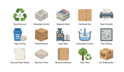 Naklejka premium Paper recycling icons displaying processing steps in grid layout