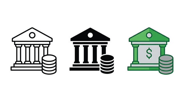 Bank building and stacked coins representing financial savings