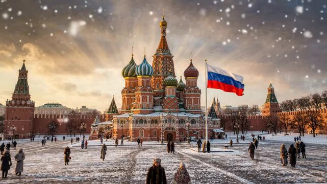 Saint basil&rsquo;s cathedral in moscow winter snowfall with russian flag and traditional couple walking in red square