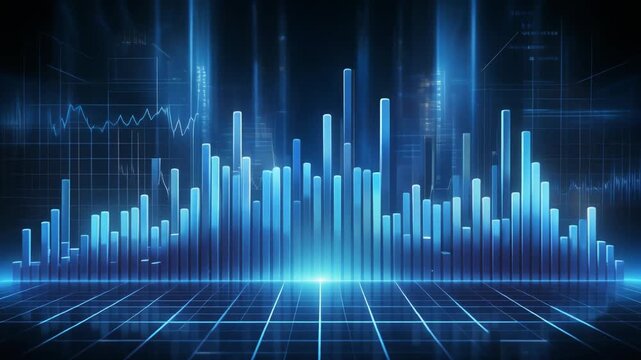 Cinematic Animation of Glowing Blue Vertical Bars Rising and Falling Dynamically with Futuristic Grid Patterns Representing Real-Time Data Visualization