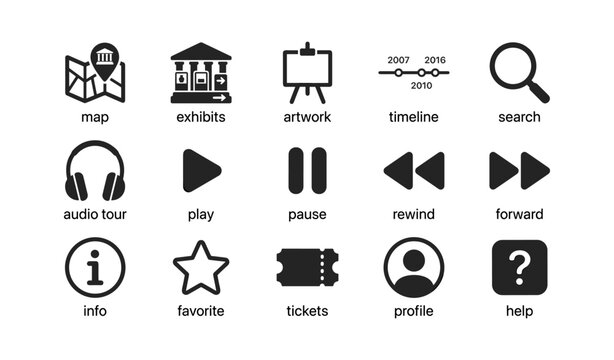 Museum icons showing audio tour controls on white background