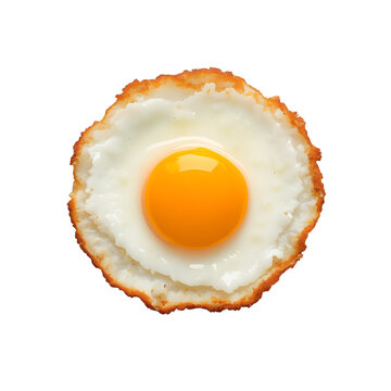 A fried egg with a runny yolk and crispy edges on a white background showcasing a simple yet appetizing breakfast food item