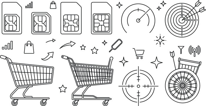 Mobile commerce marketing strategy vector icon set with sim cards shopping carts target speedometer and signal line art